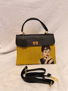 Yellow and Black Top-Handle Women's Bag with Portrait Detail